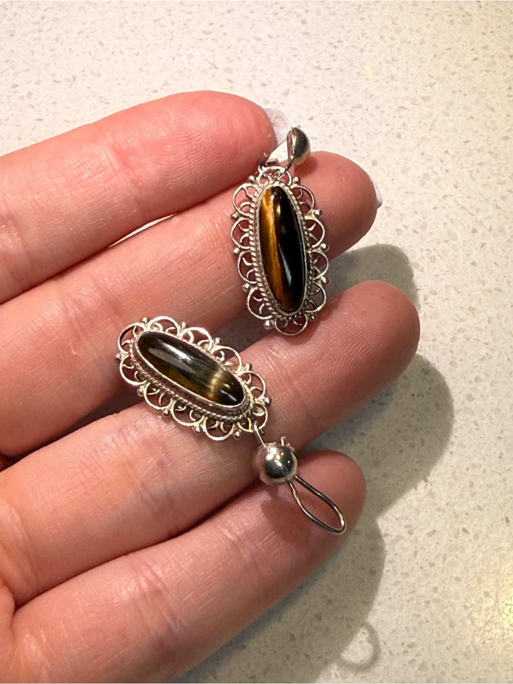 Vintage 925 Sterling Silver Filigree Drop Earrings with Brown Tiger's Eye - Picture 2 of 4